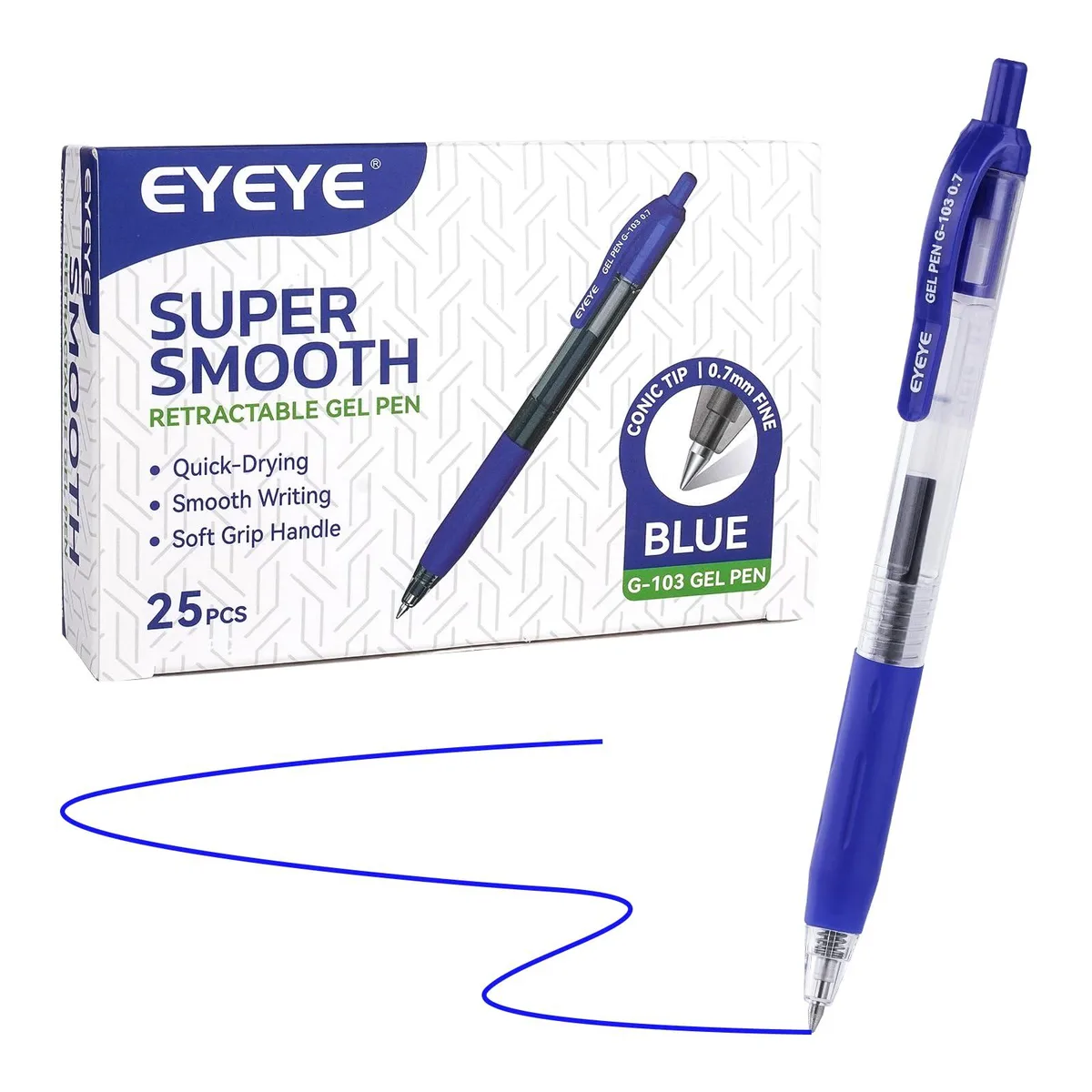 Box of 25 blue retractable gel pens 0.7mm plastic barrels