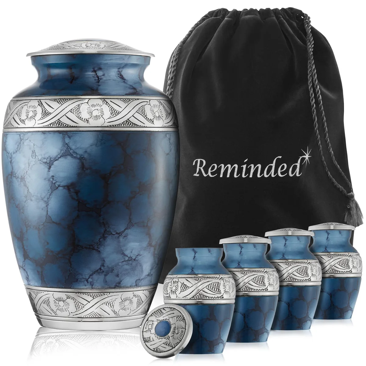 Reminded Reminded 5-Piece Cremation Urn Set Blue 10" Adult 3" Token — product photo