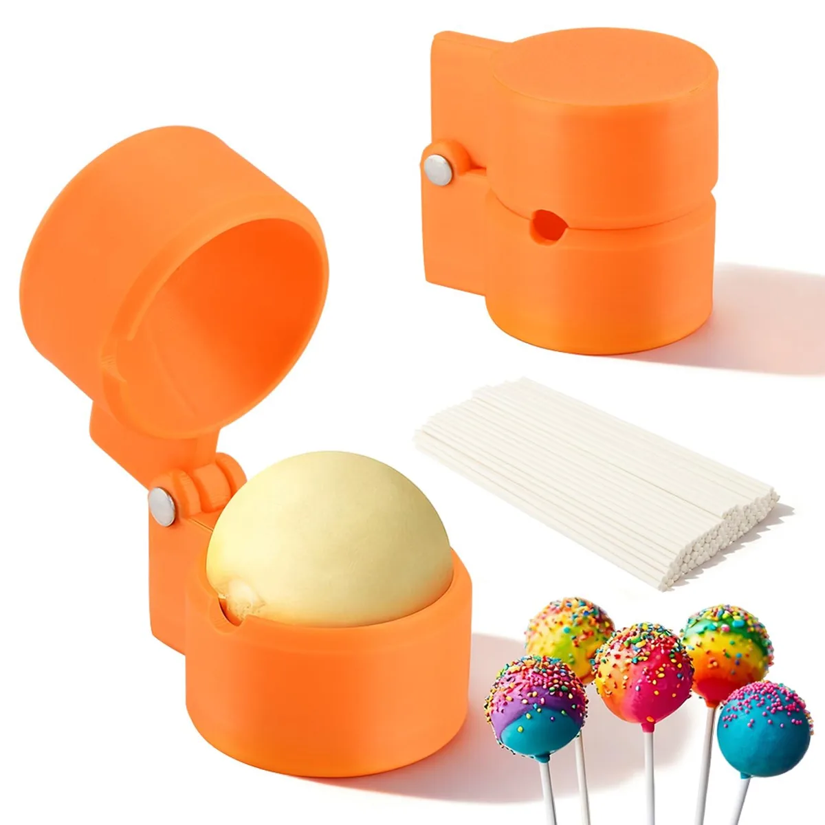 Two-piece 3D-printed sphere cake pop cutter with 100 paper sticks