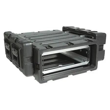 Black plastic shock rack case with folding handle and two wheels