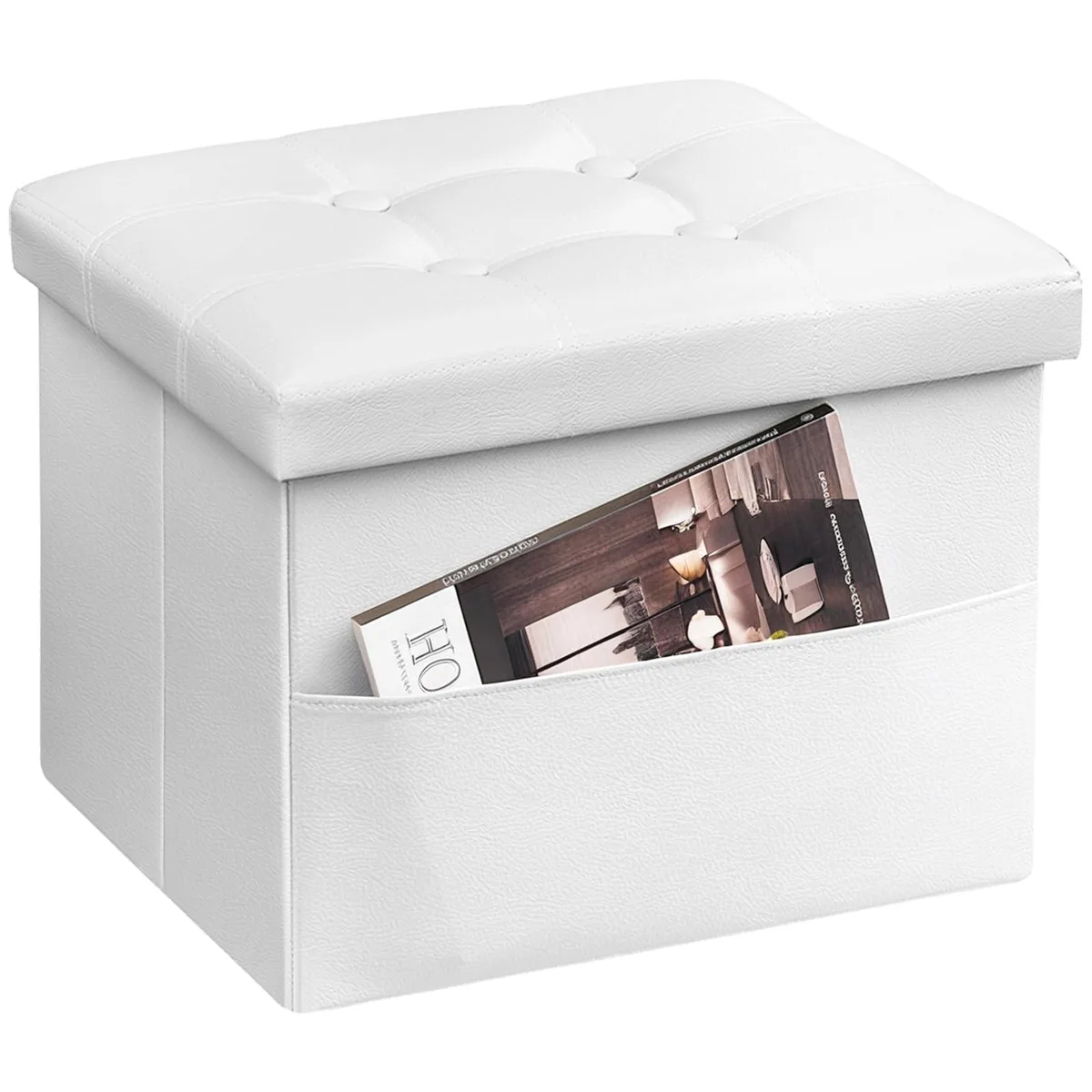 White rectangular folding storage ottoman with side pockets, leather finish, 16 by 12 by 12 inches