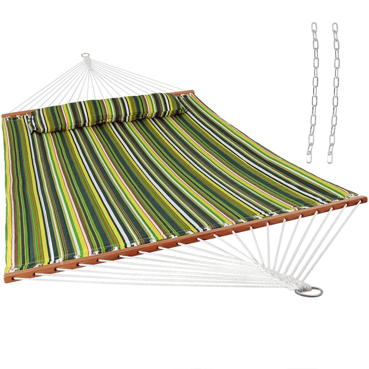 Quilted double hammock in melon stripe fabric with hardwood spreader bars and pillow