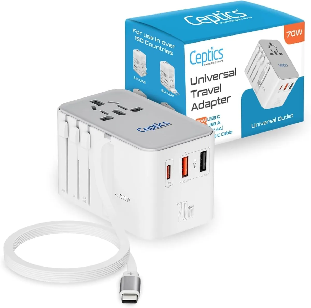 White rectangular travel adapter with retractable USB-C cable, sliding plug selectors and multiple USB ports
