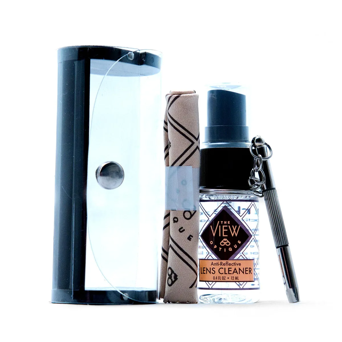 Small vinyl snap case holding spray bottle, cloth and screwdriver