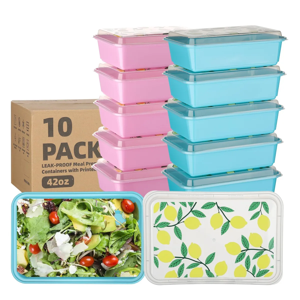 Ten lemon bento boxes with printed lids, stacked
