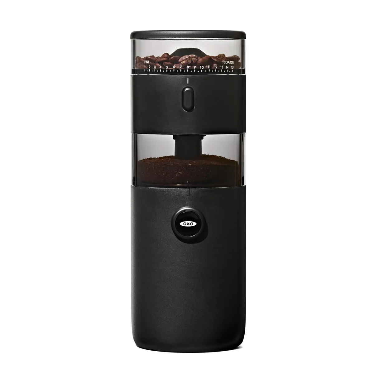 Compact conical burr coffee grinder with 15 settings and Tritan hopper