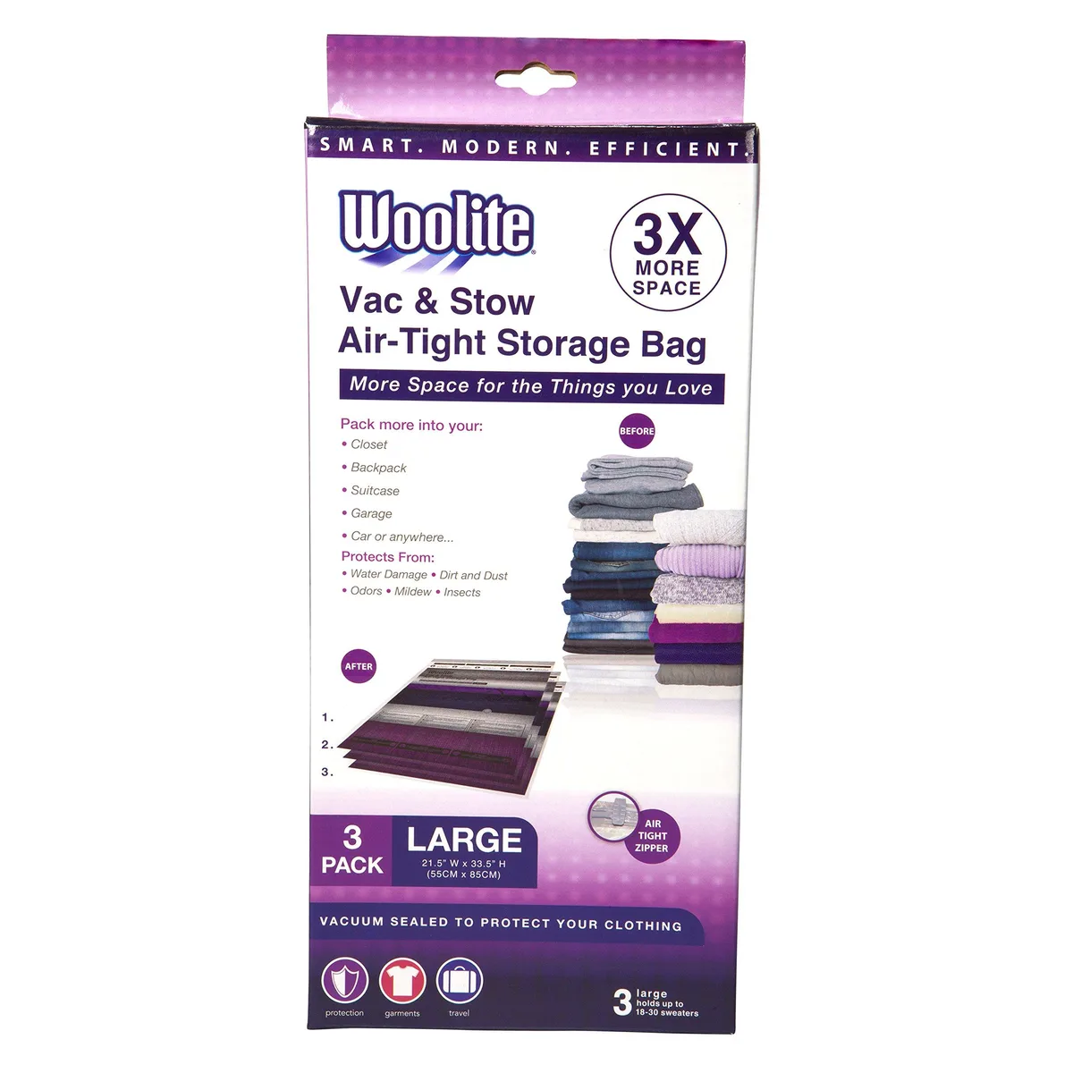 Three clear jumbo vacuum storage bags flat on surface