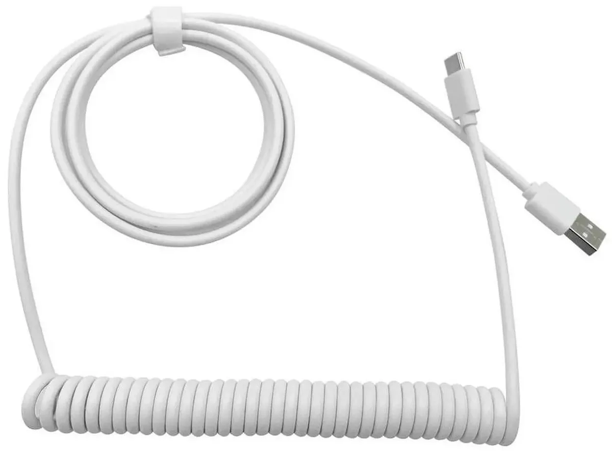 Coiled aviator-style USB-C to USB-A keyboard cable in a spiral wrap