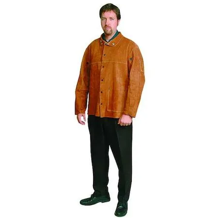 Brown cowhide welding jacket, 30 in length, snap closure, three pockets, vented back and underarms