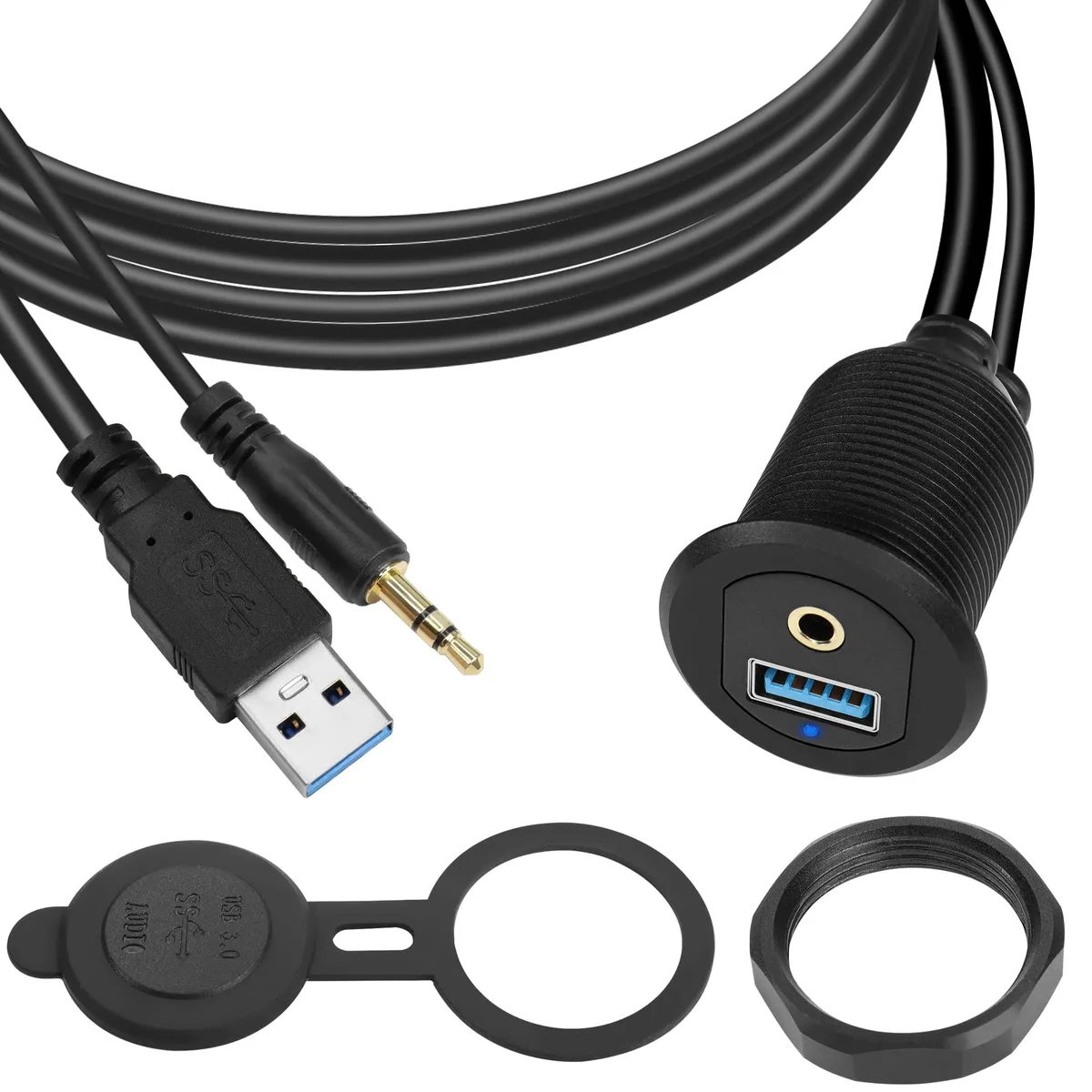 Black aluminium panel-mount cable with USB 3.0 and 3.5 mm audio connectors, threaded nut, waterproof cap, two-metre length