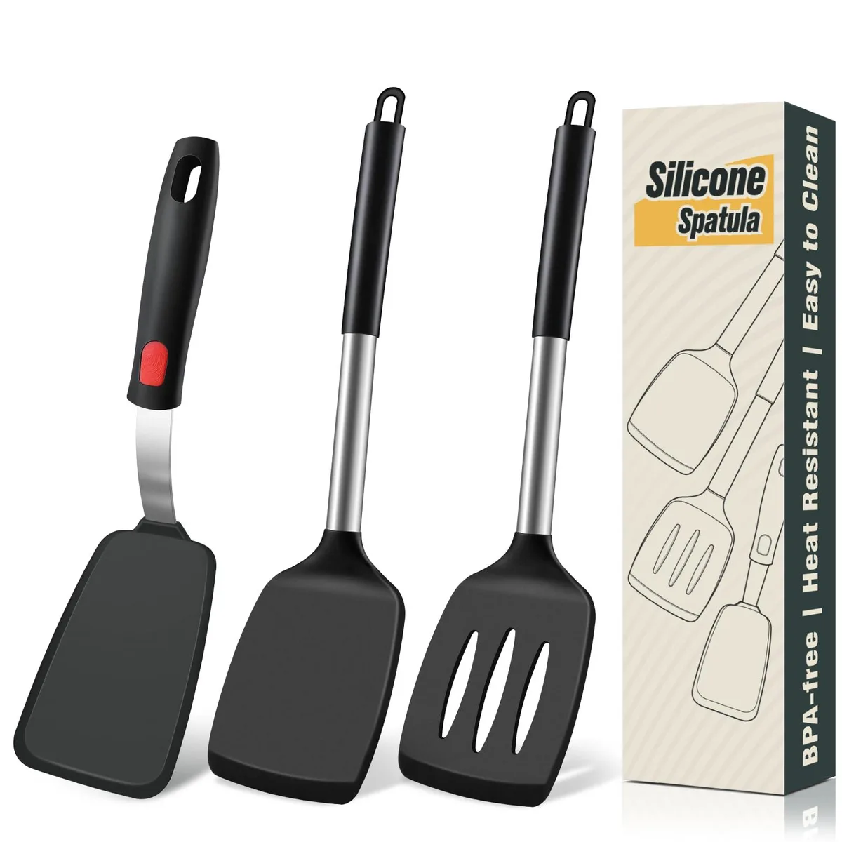 Three silver silicone spatulas with bamboo handles, solid slotted and turner heads
