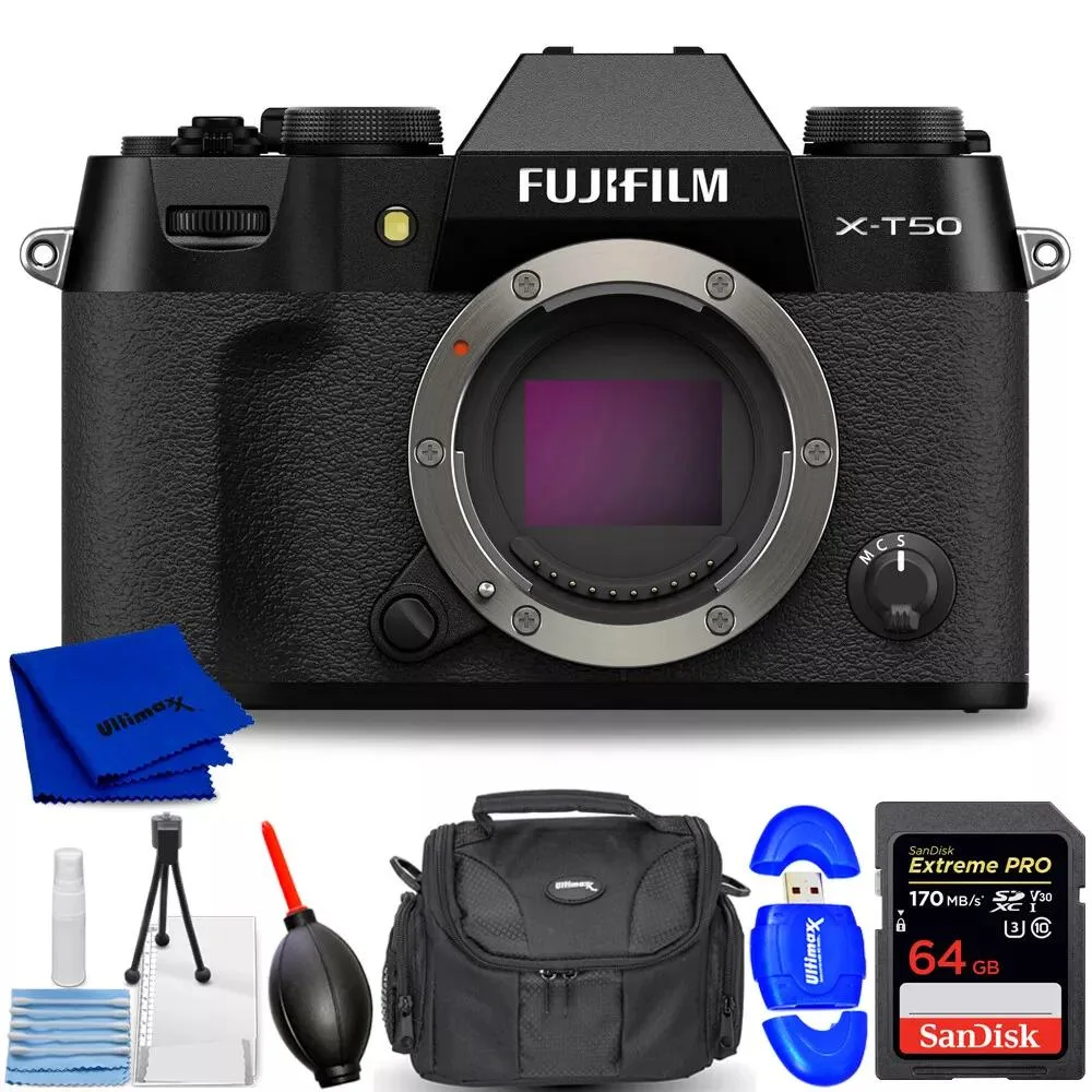 FUJIFILM FUJIFILM X-T50 40.2MP Compact Mirrorless Camera Black 7PC Accessory Bundle — product photo