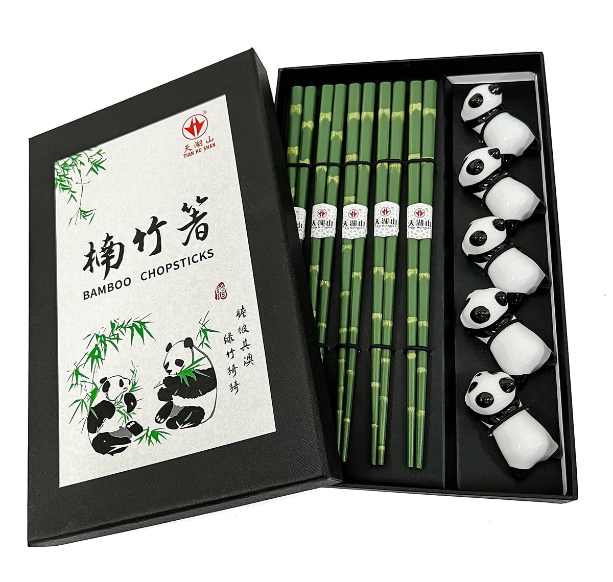Five pairs of light bamboo chopsticks with matching panda ceramic rests