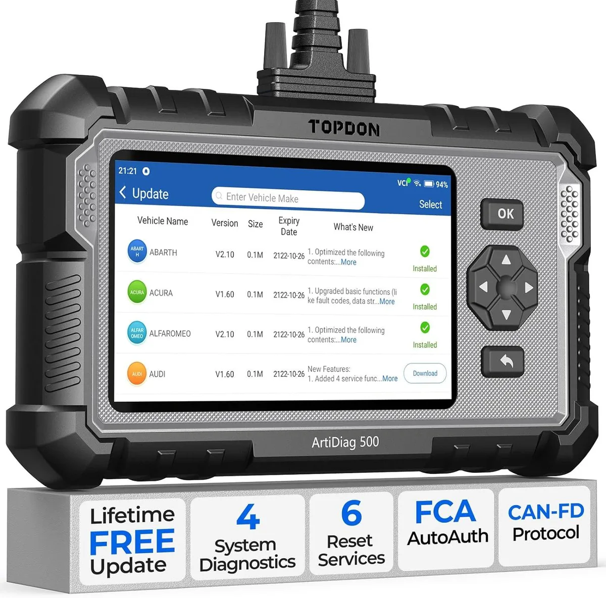 Handheld OBD2 scanner with five-inch touchscreen and buttons