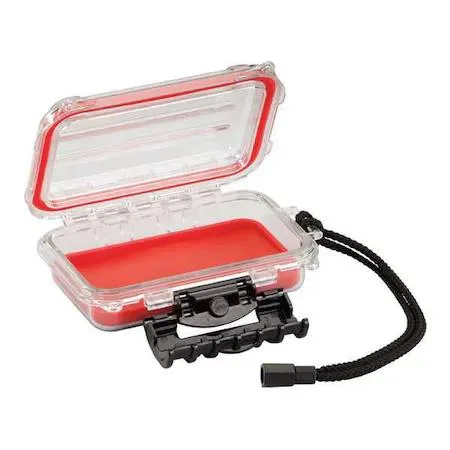 Red and clear plastic storage box with cam-action latch