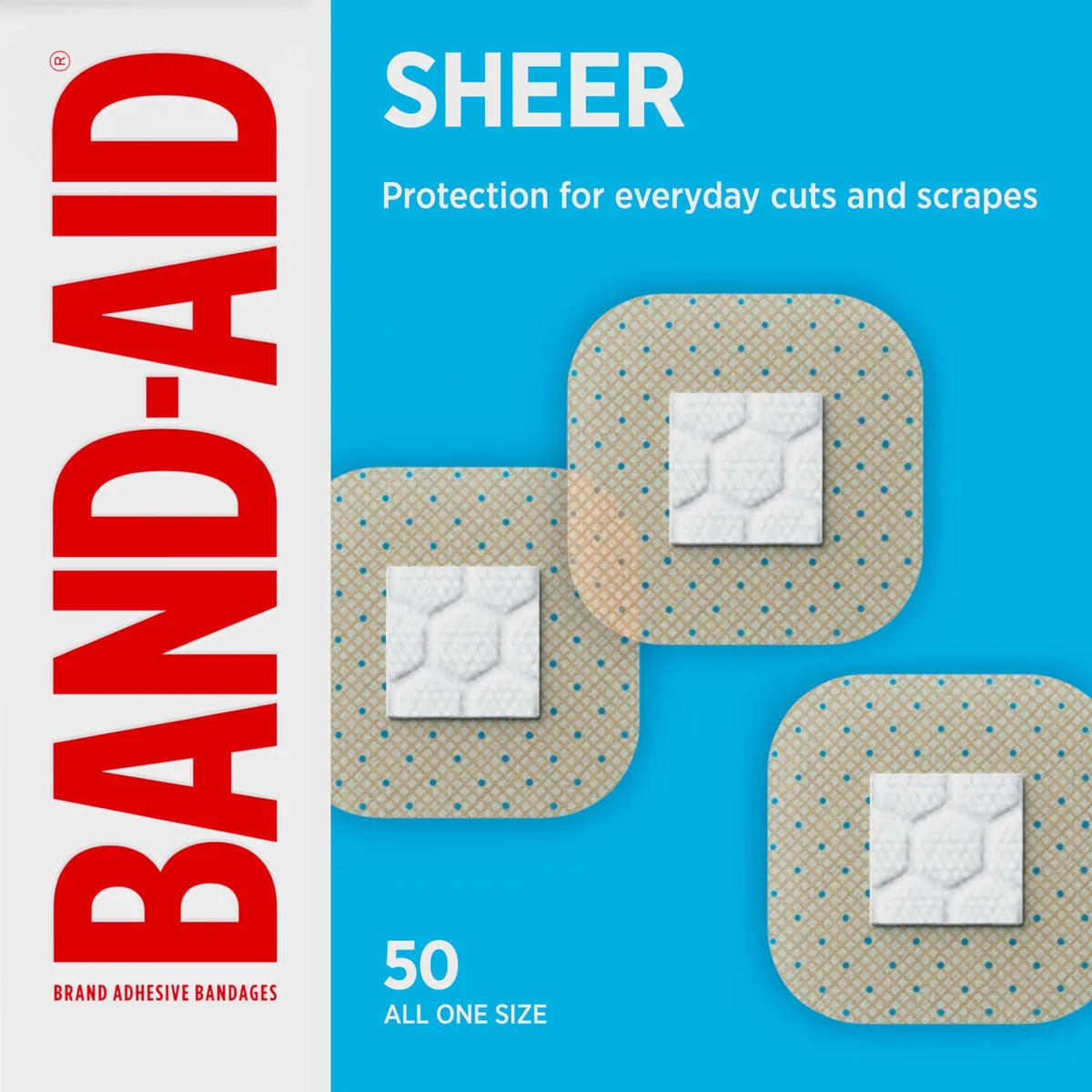 Band-Aid Sheer Spot Square Adhesive Bandages Beige 50 Count — product photo