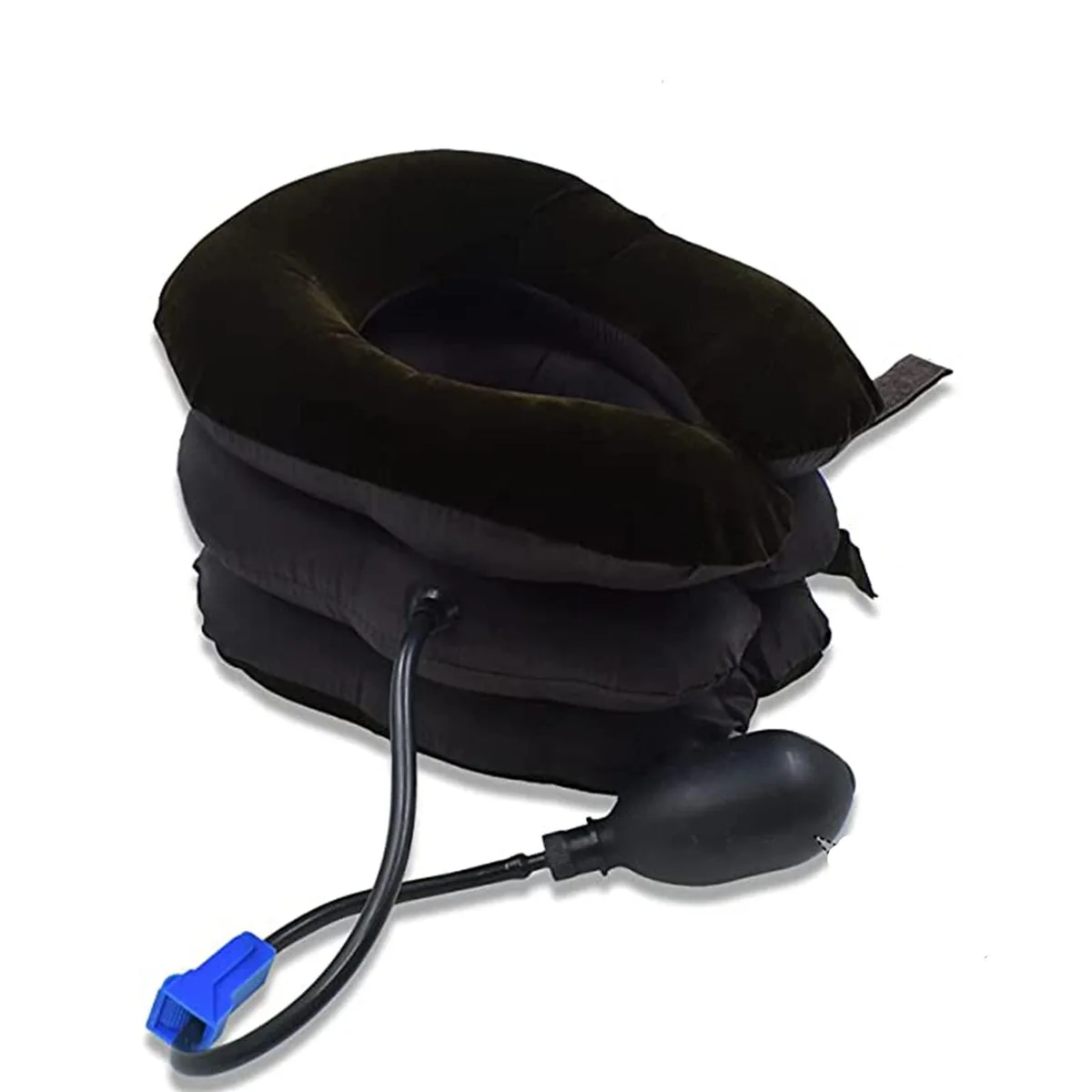 Inflatable brown neck traction pillow, ergonomic curved shape, flocked fabric surface