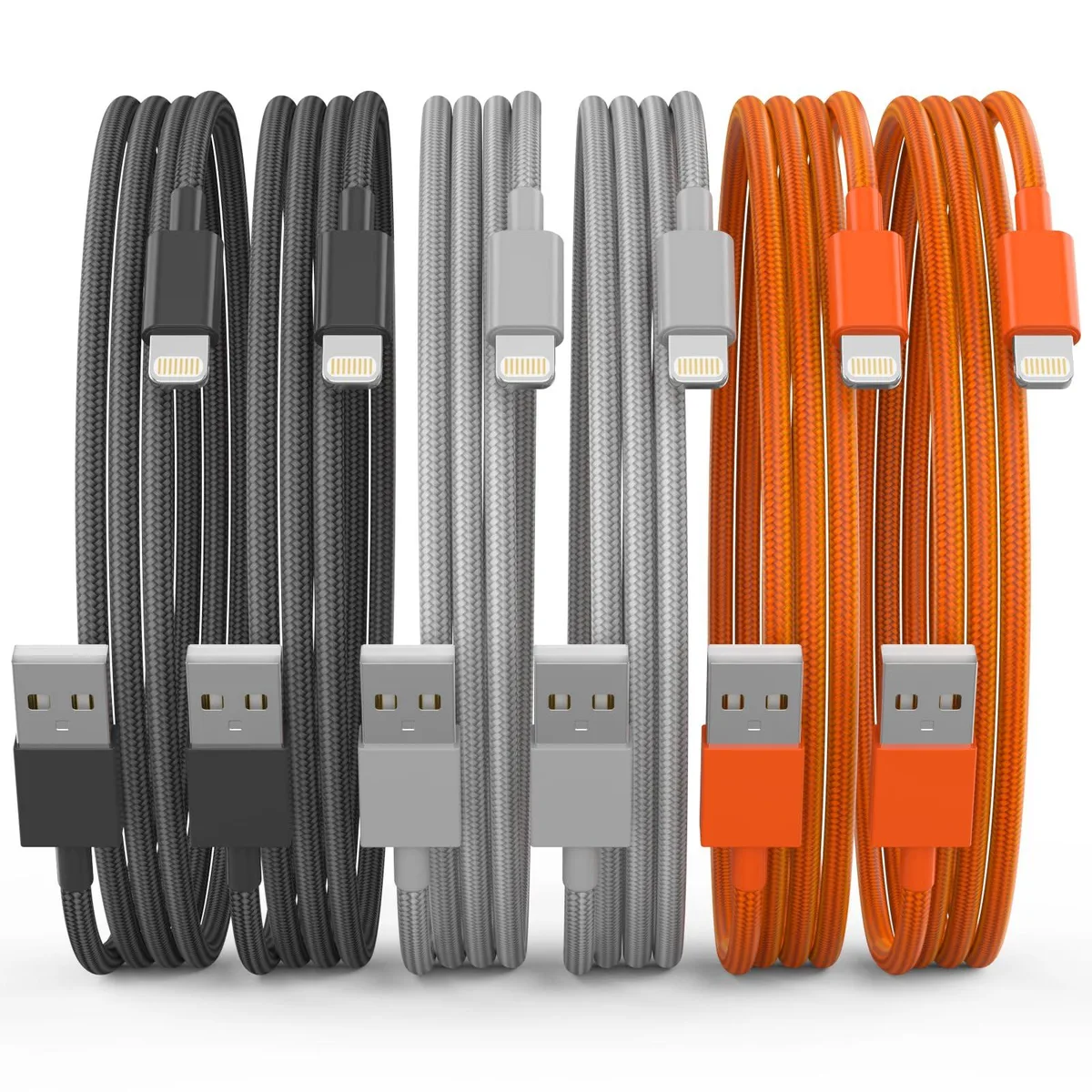  YEFOOT Lightning Cable Orange/Gray/Black 3.1/6/10ft 2.4A MFi — product photo