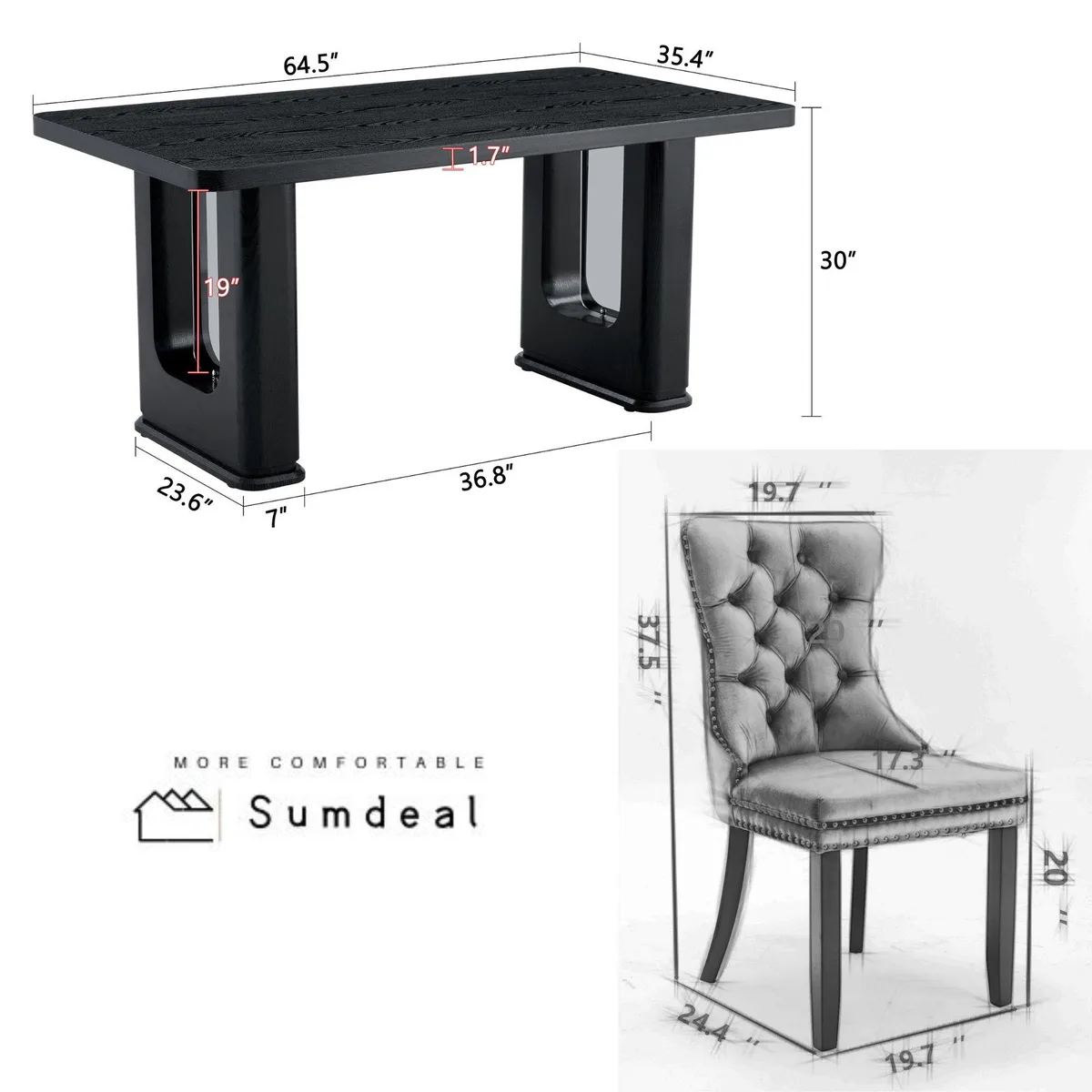 Sumdeal Sumdeal 5-piece dining set 64.5-inch black table 4 velvet chairs — product photo