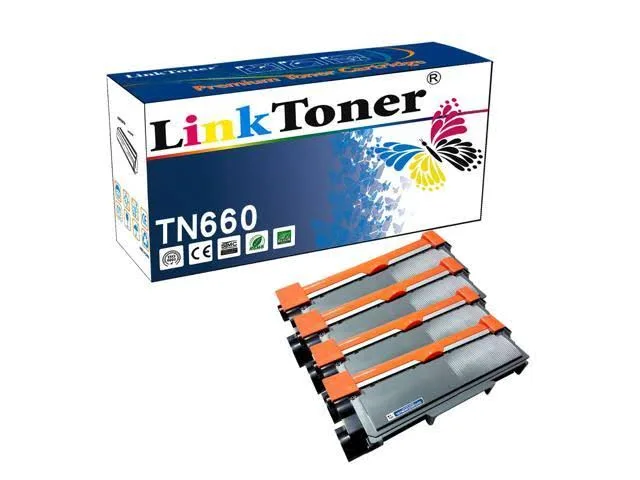 Four black toner cartridges in white and blue boxes