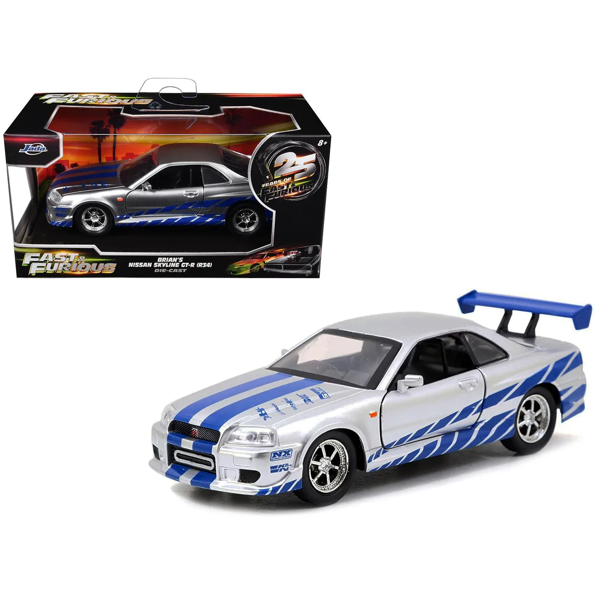 Jada Jada 1/32 Brian's Nissan Skyline GT-R R34 RHD Silver Metallic Blue 25th Anniversary — product photo