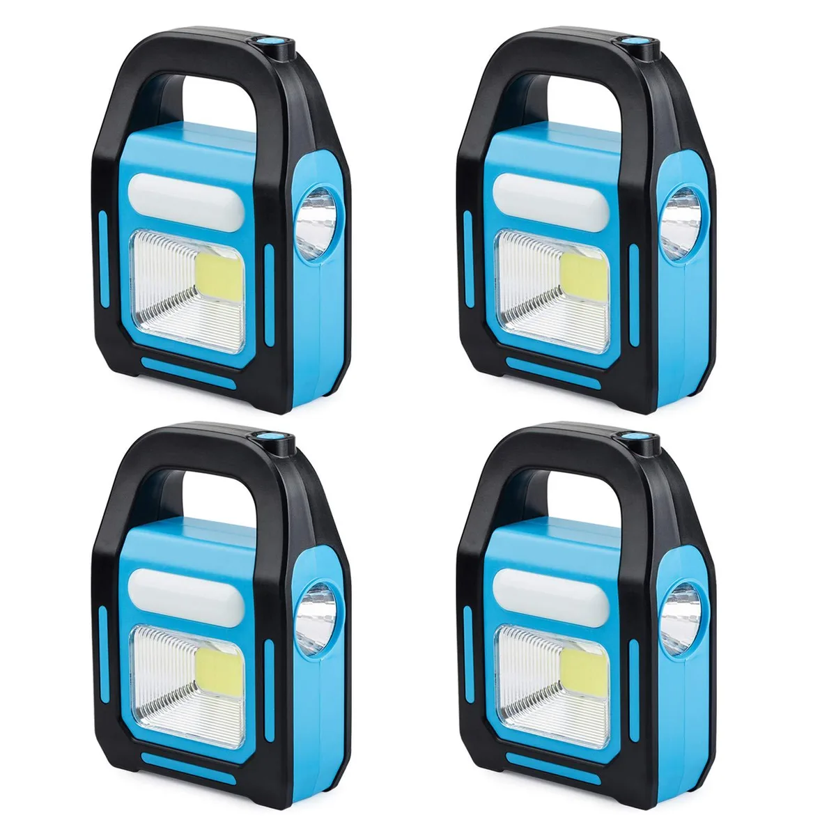 Four compact lanterns with COB LED panels, matte finish, solar strip on top, USB port visible