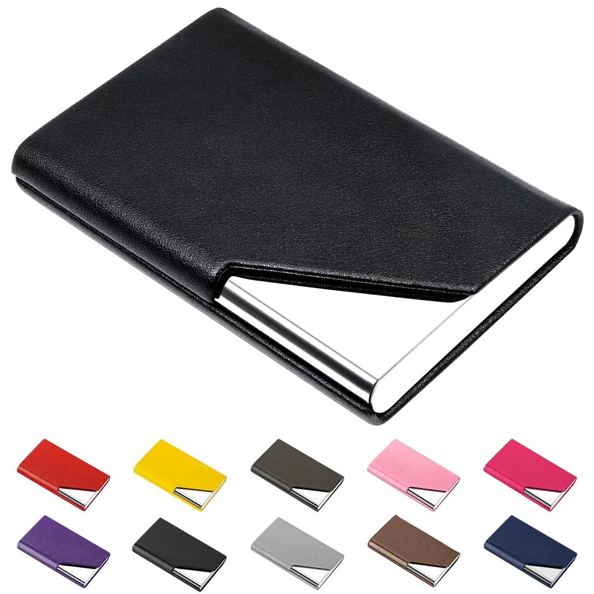 Black leather and metal card holder with magnetic closure