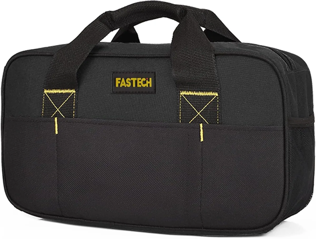 14 inch black 600D Oxford tool tote with double zipper and external pockets
