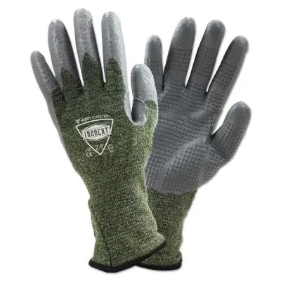 A pair of gray and green welding gloves with dotted silicone palms and knitted cuffs