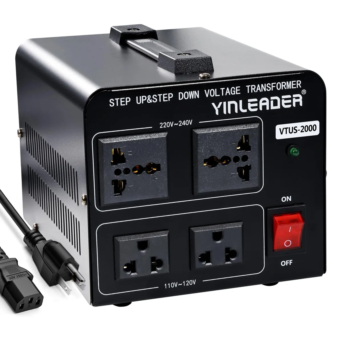 Rectangular voltage converter with four AC sockets, grey metal casing