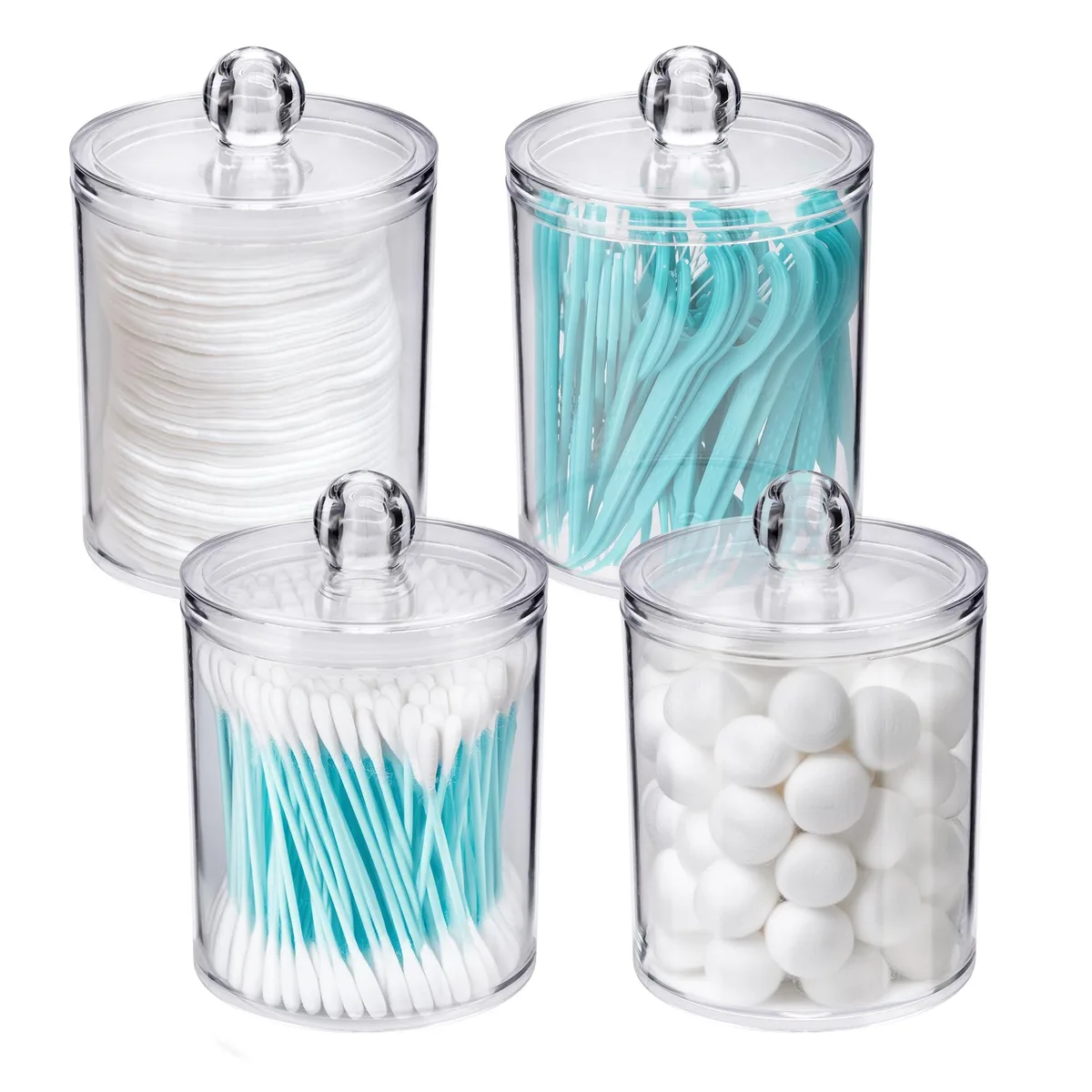 Four clear plastic apothecary jars with lids, two 10oz and two 12oz, unfinished finish