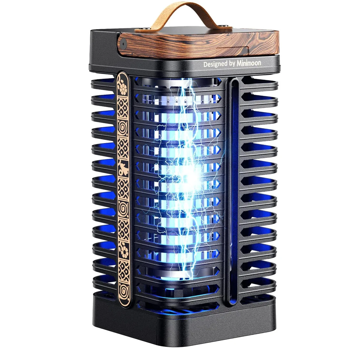 Black cubic bug zapper with decorative side pattern, hanging hook, carry handle and 5.9 ft cord