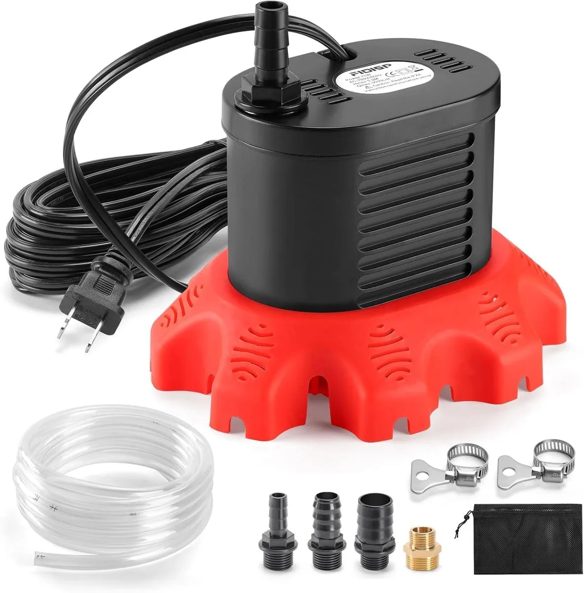 Red submersible pump with 20 ft hose and 25 ft cord