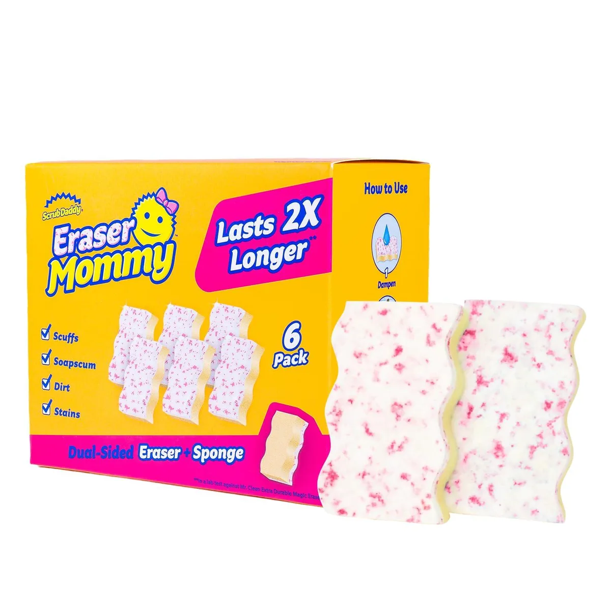 Six white rectangular cleaning sponges in a clear pack