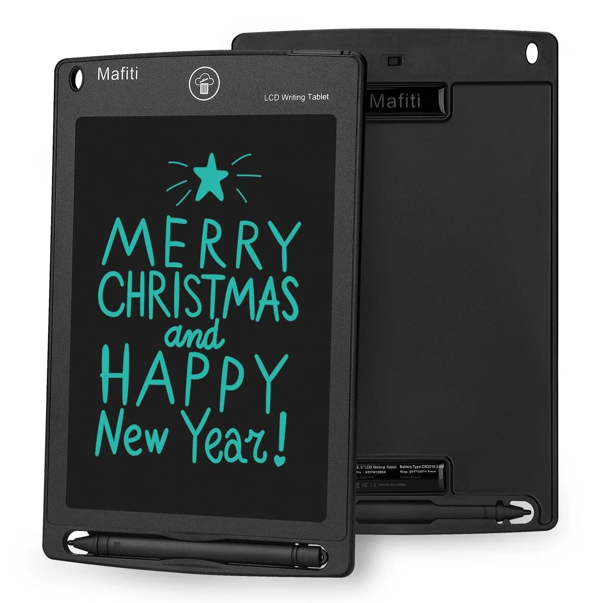 Black rectangular LCD writing tablet with attached stylus, 8.5 inch screen, thin profile
