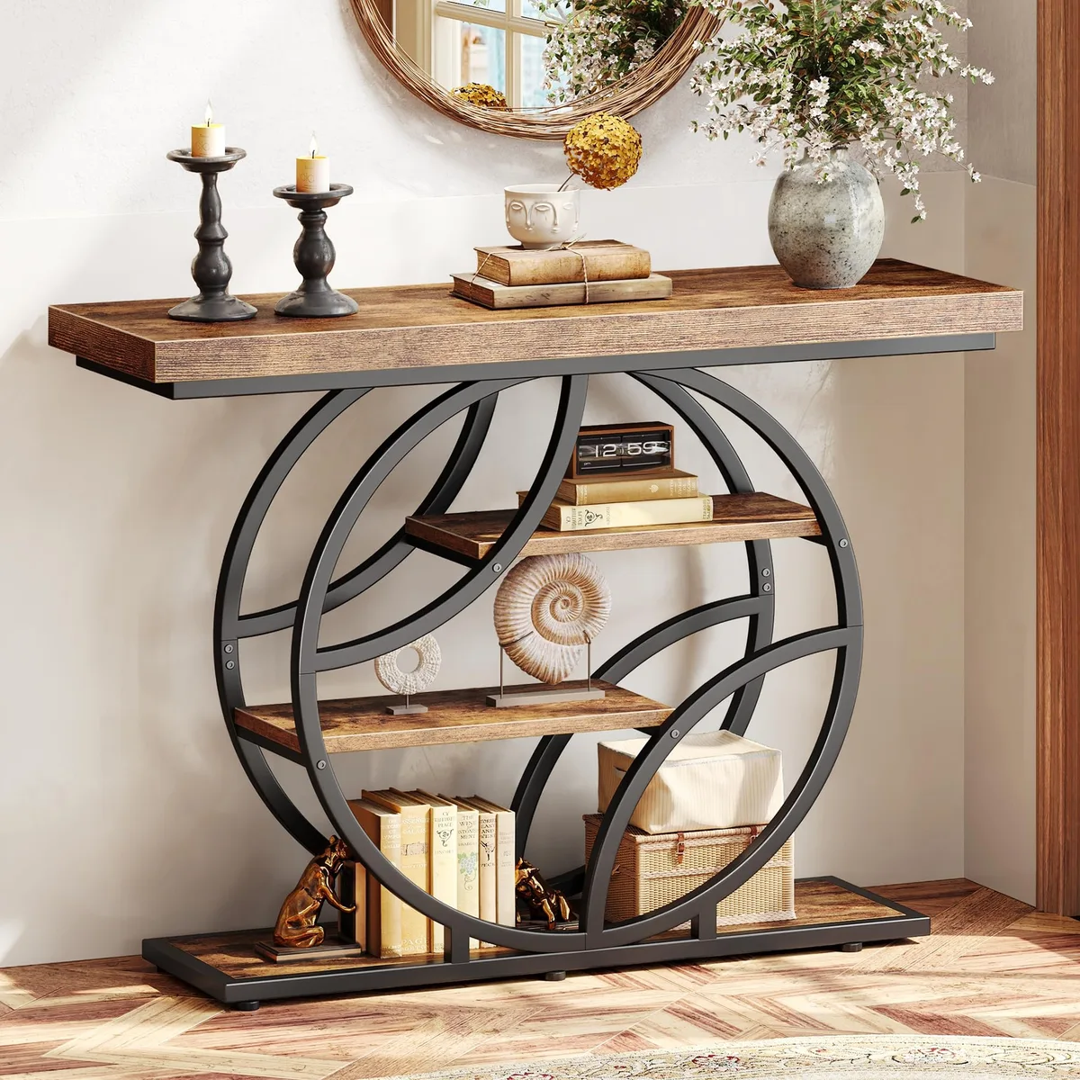 Rustic brown console table with curved black metal frame, 41.3in long