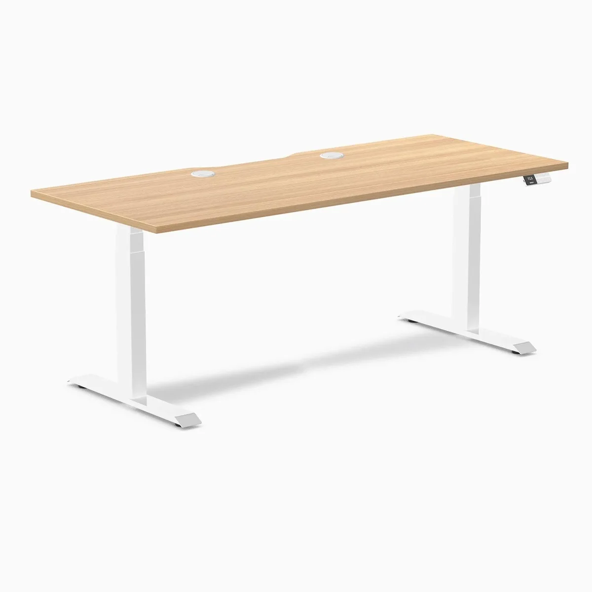 Desky Desky Dual Scalloped Laminate Sit Stand Desk Sublime Teak White 70.9 x 29.5 in with Grommets — product photo