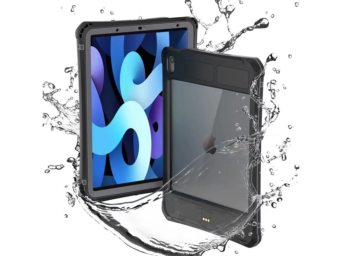 Black rugged waterproof case for 10.9 inch iPad Air 2020 with built-in screen protector, pencil holder, kickstand and shoulder strap