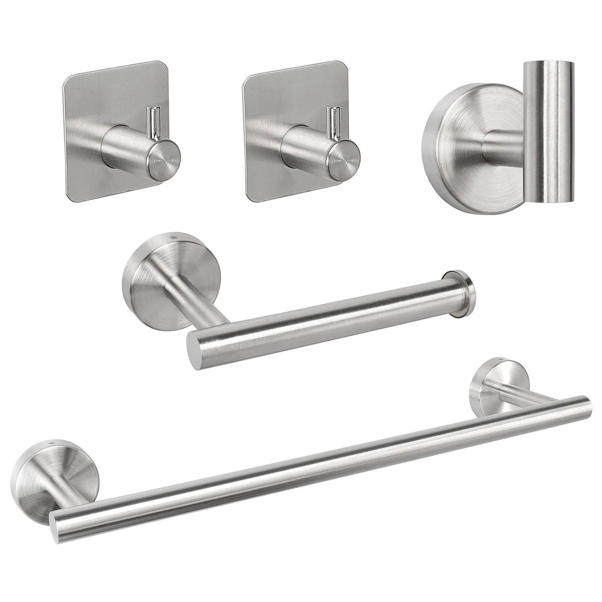 Brushed nickel five-piece bathroom set with towel bar, paper holder and three hooks