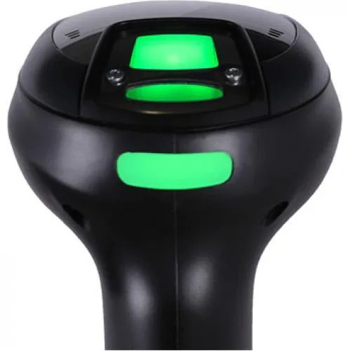 Black and yellow rugged handheld 2D barcode scanner with trigger and aiming dots