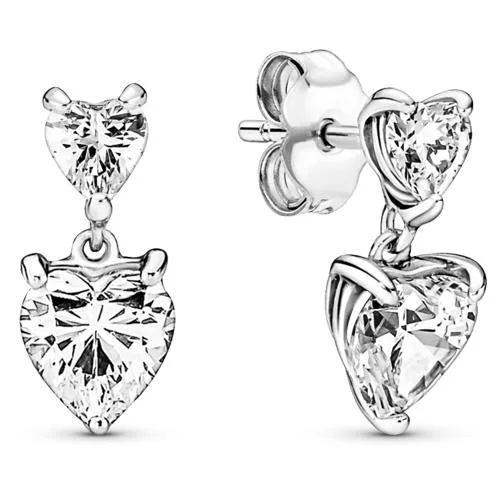 Silver stud earrings with double heart-shaped cubic zirconia stones
