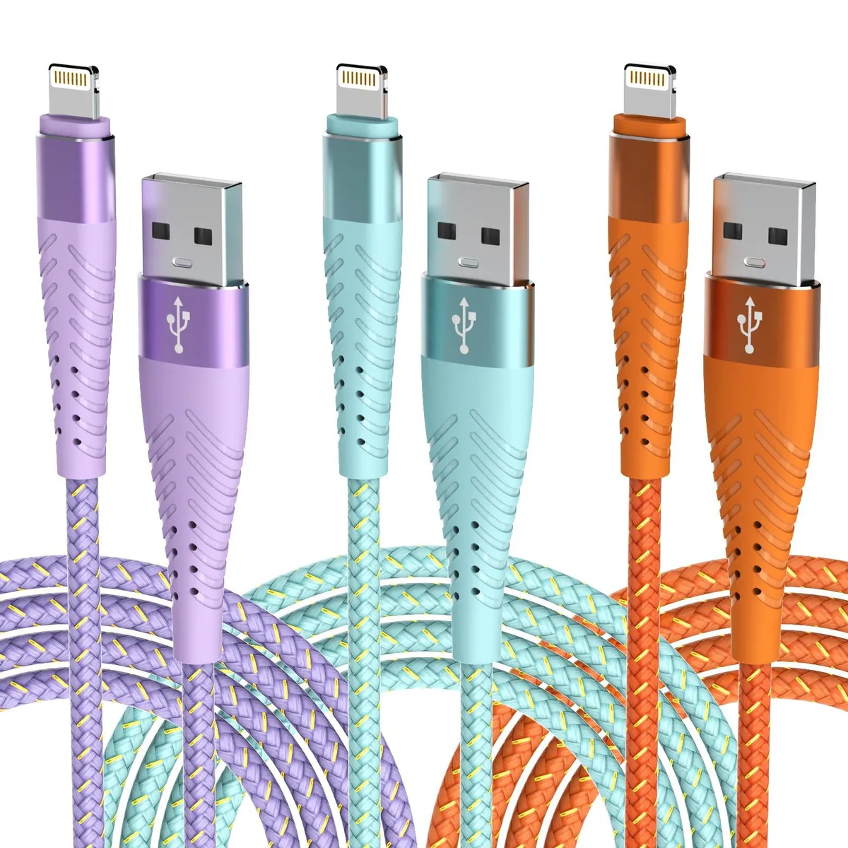 No Sew No Sew Lightning Cable 6 ft 3-pack Purple Blue Orange 2.4 A 480 Mbps MFi 20000 bends iPhone 11 12 13 14 — product photo