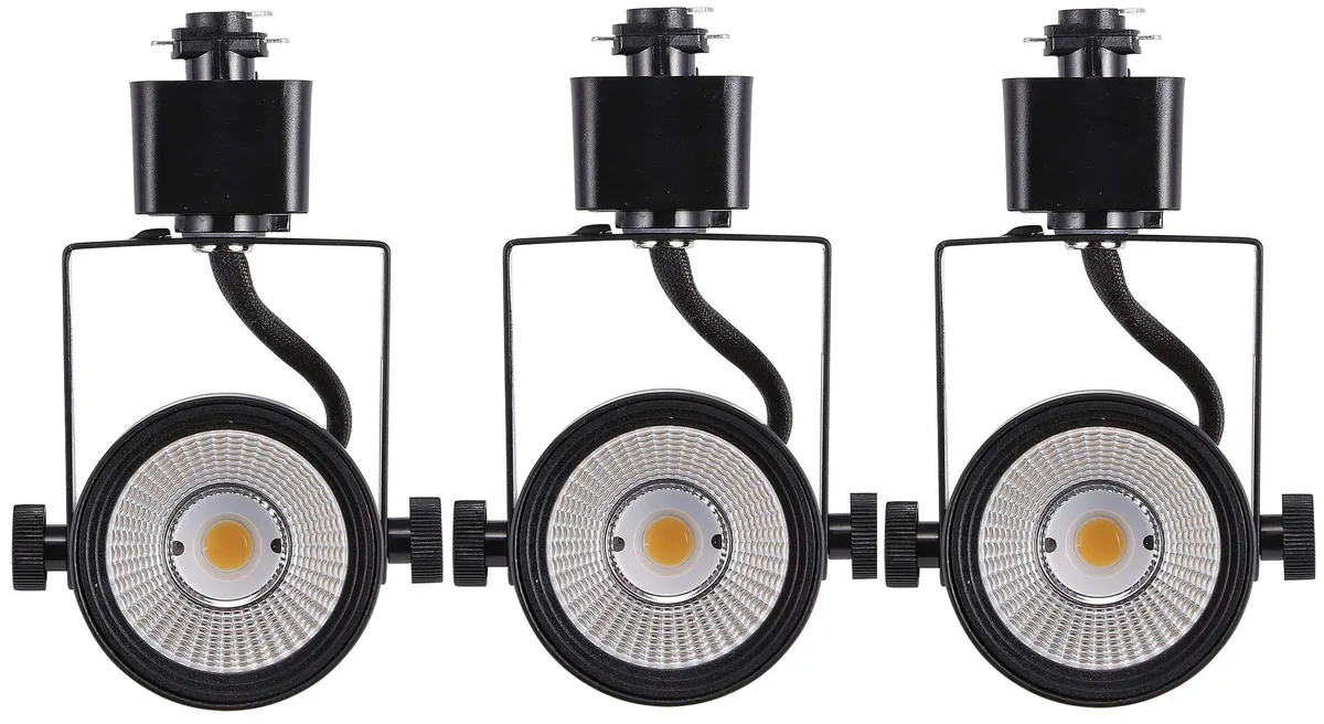 Three black aluminum track light heads with adjustable tilt