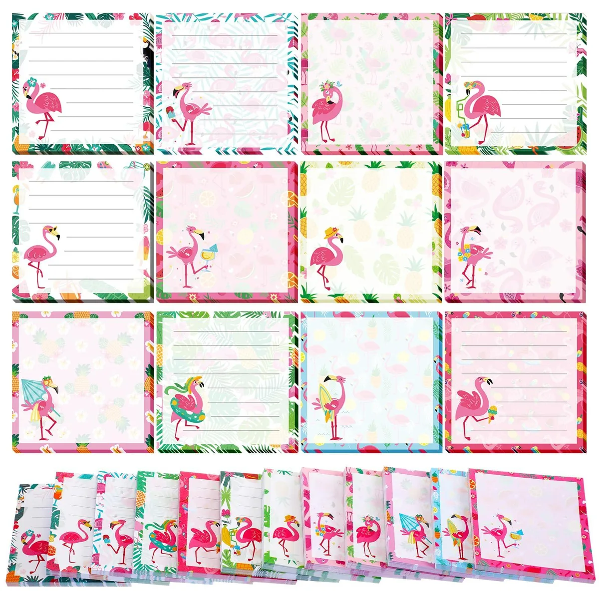 Twelve square flamingo sticky note pads in bright colours, 600 sheets total