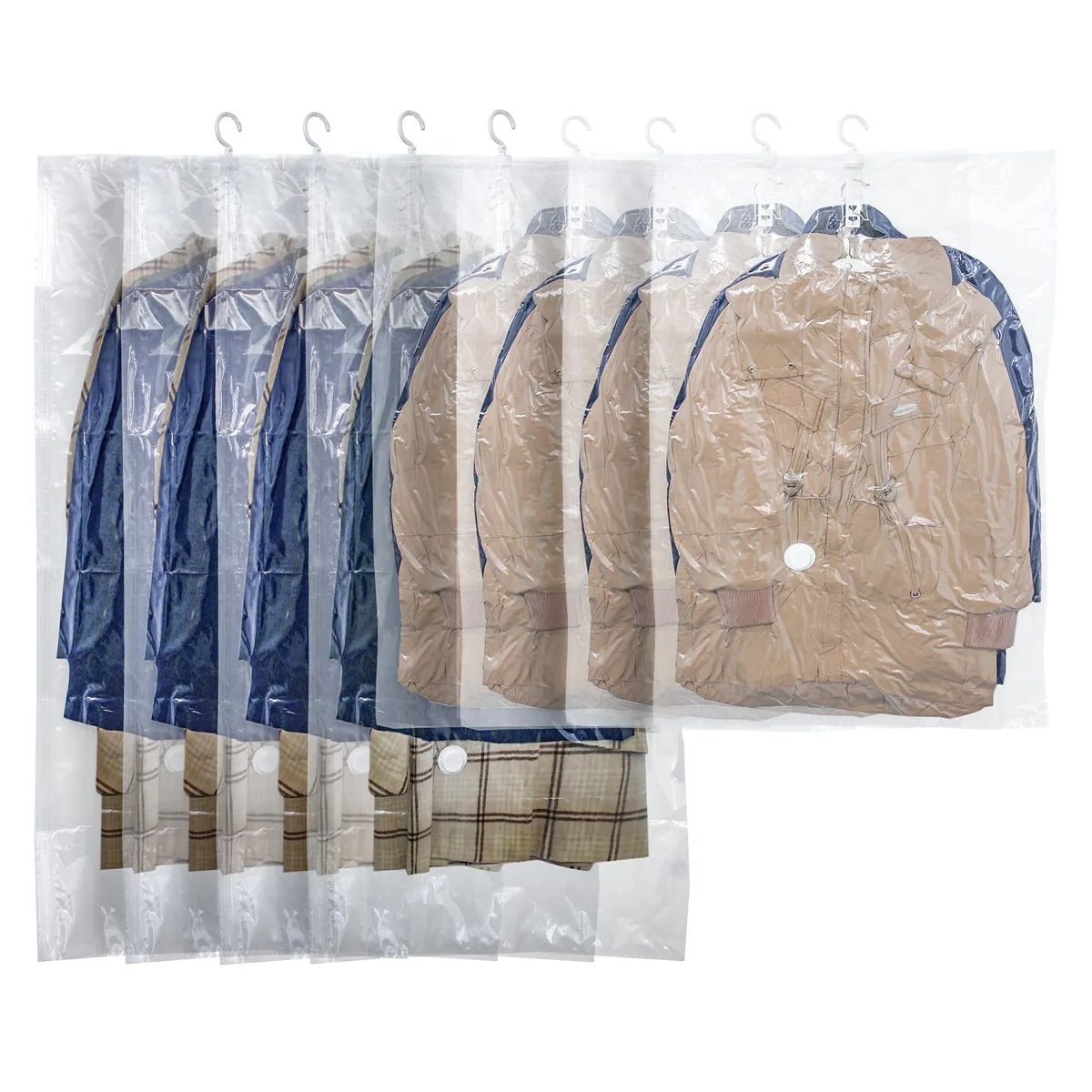 Eight hanging vacuum storage bags, four long and four short, transparent with reinforced hanging hooks