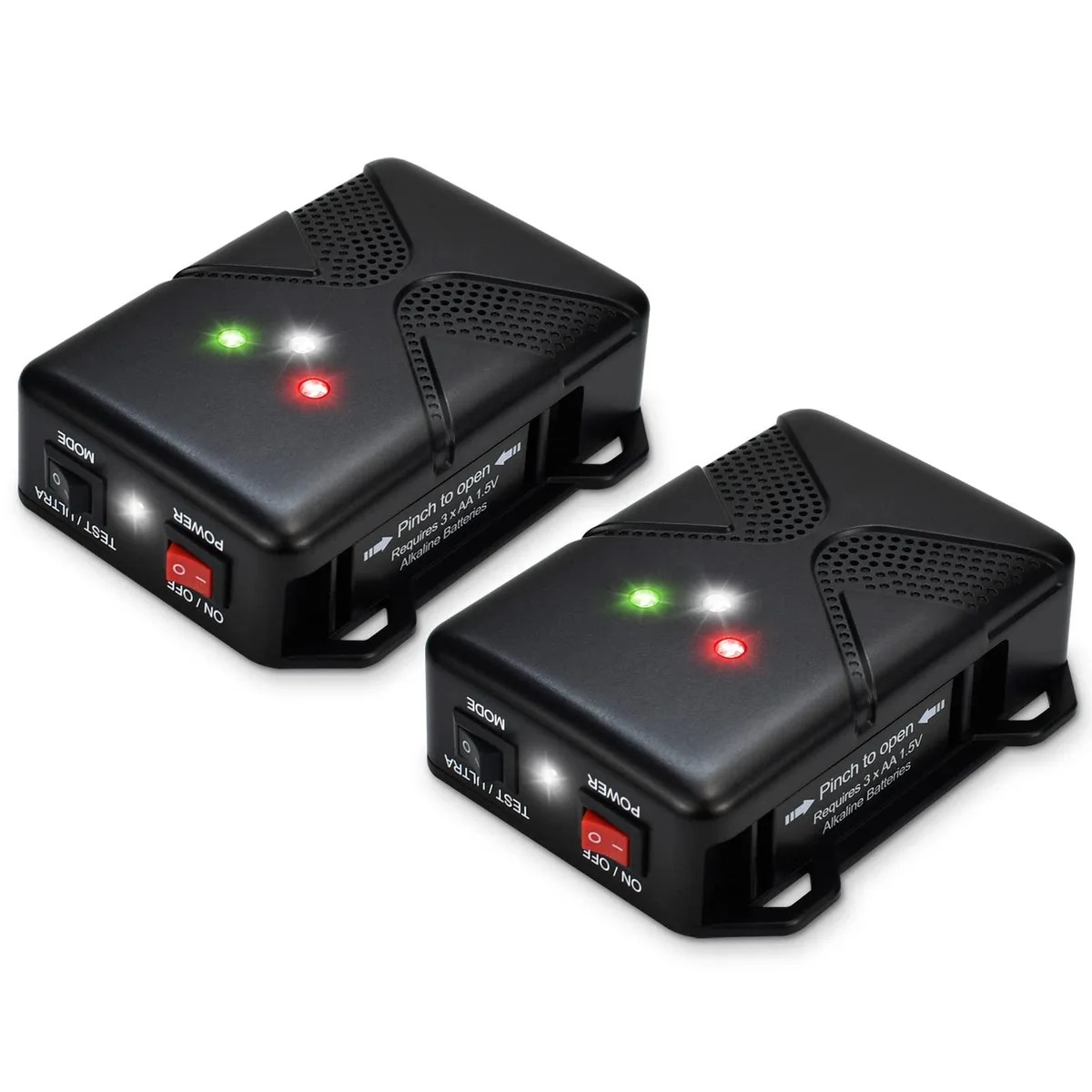 Small rectangular plastic box with two LED lights and zip-tie slots
