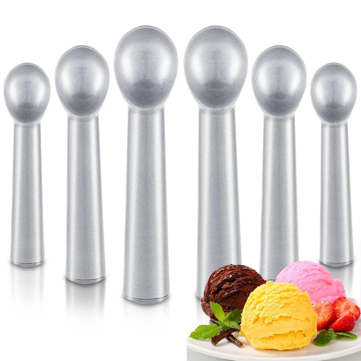 Eight silver aluminium ice cream scoops, 7 inches long, in a bulk set