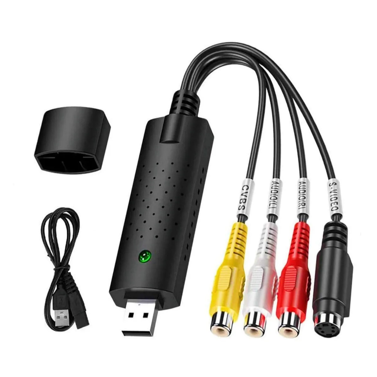 Small black rectangular USB 2.0 video capture adapter with RCA and S-Video ports