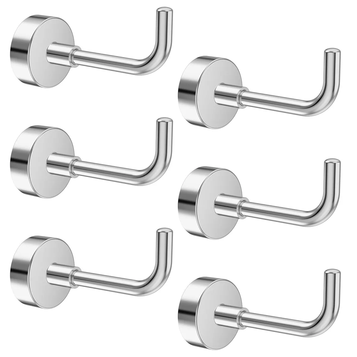 Six silver L-shaped magnetic hooks with polished finish