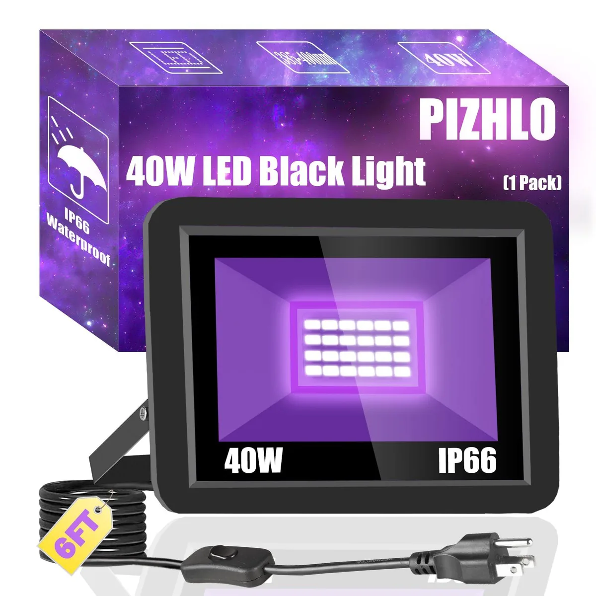 Black aluminium floodlight with 6ft cord and switch